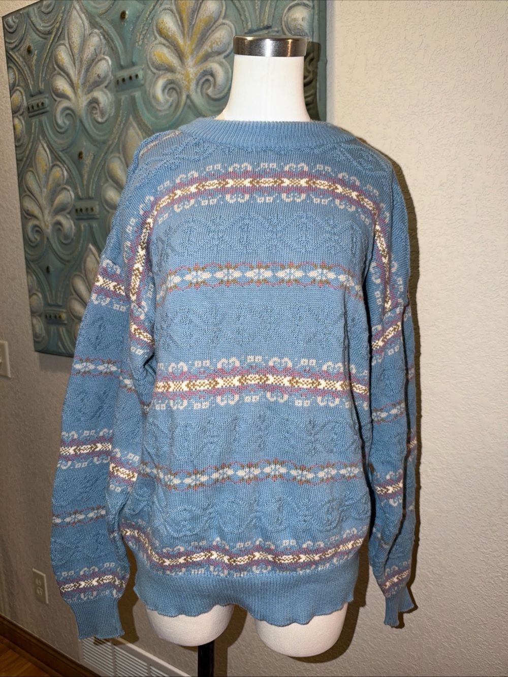 Vintage Towncraft Sweater Mens XL Blue Fair Isle Cotton Grandpa 90s Made Turkey